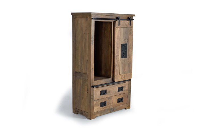 GINER Y COLOMER - Armoire Buffet Style Industriel en Bois de Manguier avec Détails Métal - Porte Coulissante, 3 Tiroirs - Dimensions 150x90x45 cm